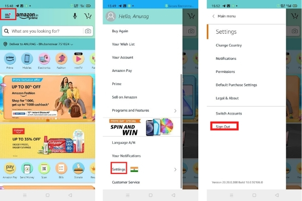 How to logout of amazon app on Android